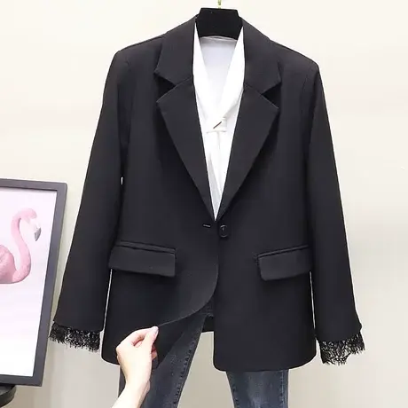 蕾丝袖西服外套女中长款韩版显瘦长袖西装领OL职业装2023新款上衣商品大图
