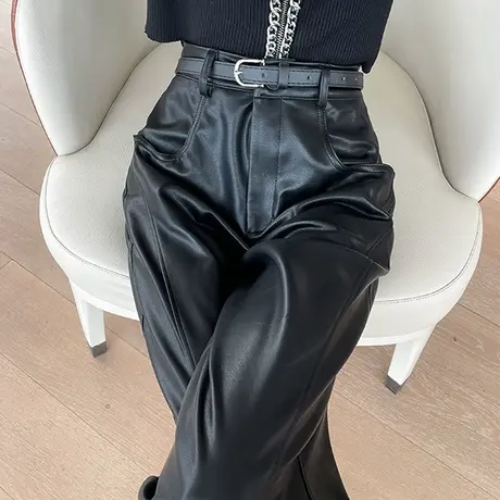 黑色高级感pu皮裤女秋冬2023年新款高腰宽松窄版直筒休闲阔腿皮裤图片