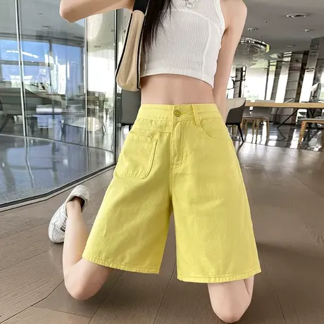 黄色牛仔短裤女五分夏季薄款高腰a字直筒遮肉显瘦小众阔腿中裤潮图片