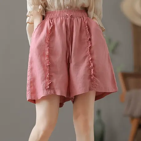 dza 高腰显瘦宽松阔腿棉麻短裤女夏季新款抽绳外穿五分休闲亚麻裤图片