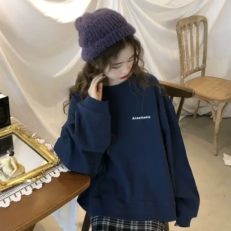 日系蓝色ulzzang卫衣女春秋新款宽松原宿风长袖学生oversize上衣商品大图