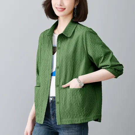 中老年妈妈休闲薄款外套女春秋季宽松加大码女装洋气翻领衬衫上衣图片