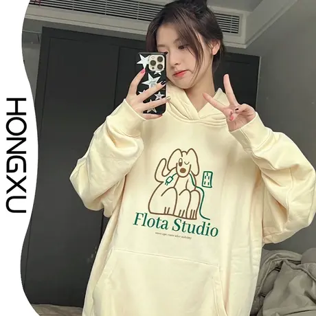 红续冬季新款韩版简约印花上衣2023oversize显瘦百搭连帽卫衣加厚图片