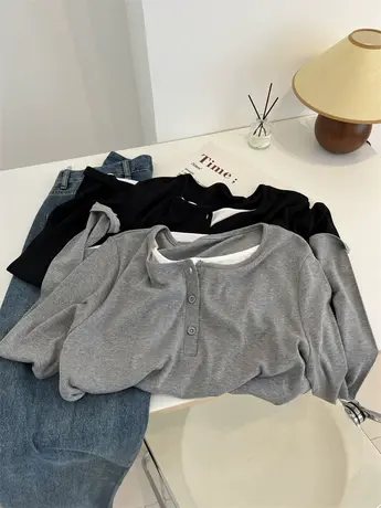 韩版时髦chic百搭休闲假两件纽扣长袖T恤女修身显瘦内搭打底衫秋商品大图