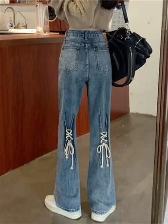 大码微胖mm高腰设计感牛仔裤女春秋新款显瘦直筒宽松梨形身材裤子图片