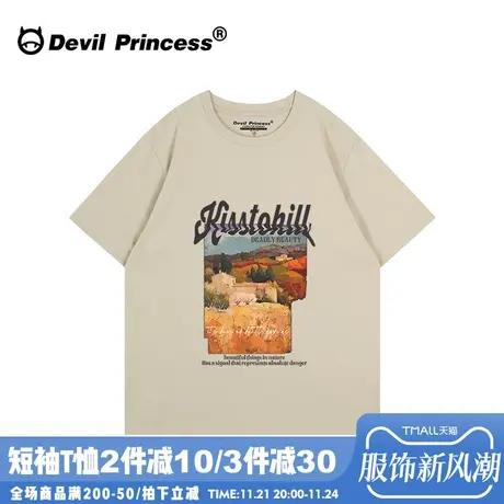 港风vintage古着感正肩卡其色短袖t恤女小众超火宽松大版上衣夏商品大图