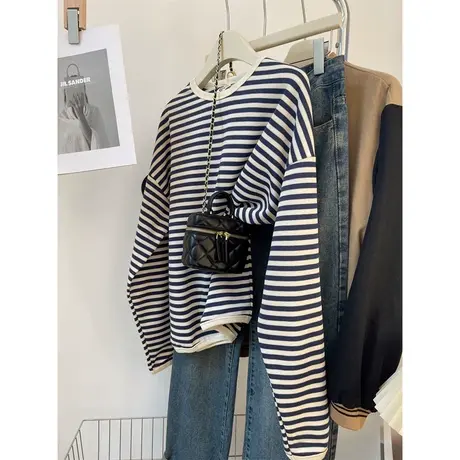 条纹圆领无帽卫衣女春秋季韩版百搭宽松显瘦bf慵懒风上衣外套潮图片