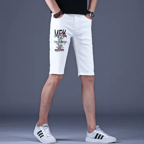 秋冬薄款刺绣白色牛仔短裤男款修身弹力休闲男裤中裤夏天五分裤子商品大图