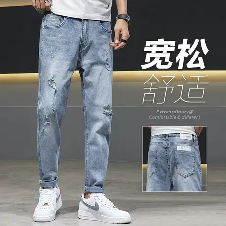 痞帅破洞乞丐牛仔裤男士直筒宽松广州新塘镇休闲男裤子夏季春秋款商品大图