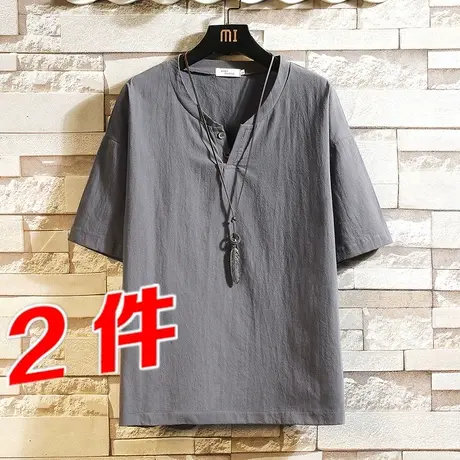 2021夏季男士短袖衬衫中国风亚麻半袖立领衬衣宽松复古薄款上衣服商品大图