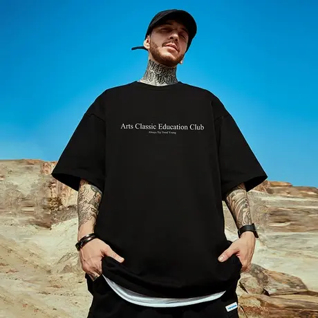 300g重磅美式复古字母嘻哈短袖t恤街头大码黑色圆领纯棉半袖男潮商品大图