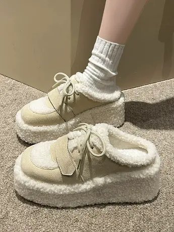 松糕厚底毛毛拖鞋女外穿2023秋冬高级感增高包头半拖鞋欧货棉拖鞋商品大图