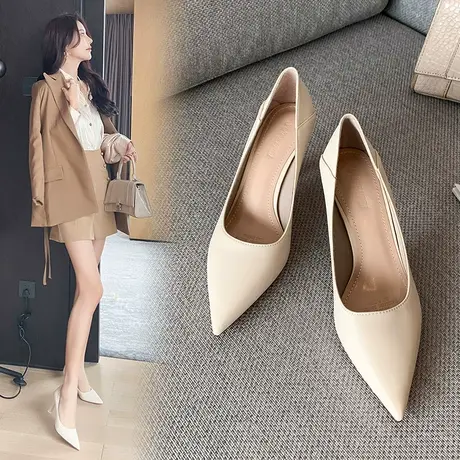 法式高跟鞋女细跟2024年春季新款职业ol黑色单鞋工作软皮尖头中跟图片