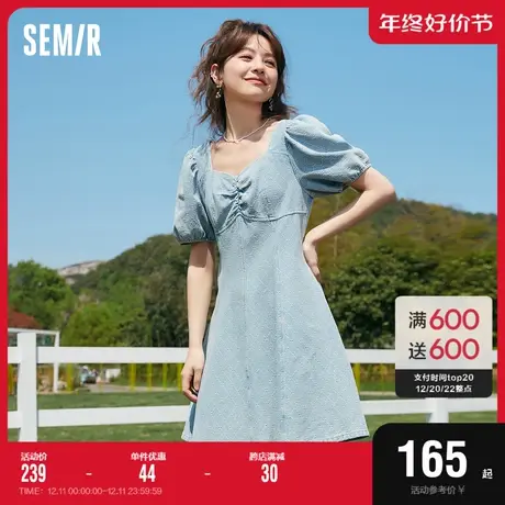 森马连衣裙女甜酷泡泡袖夏季2023新款时尚复古菱格提花牛仔裙潮流图片