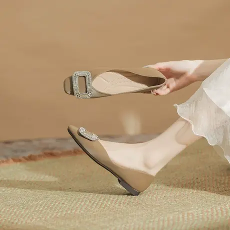 平底单鞋女2024年新款百搭方头水钻不累脚一脚蹬通勤低跟软底女鞋商品大图