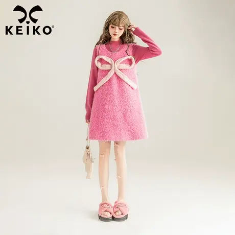 KEIKO 甜妹芭比粉长绒毛呢背心裙春季少女感蝴蝶结显瘦无袖连衣裙图片
