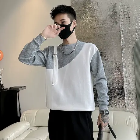 春秋季卫衣拼接假两件高级感外套上衣2023新款个性痞帅长袖打底衫商品大图