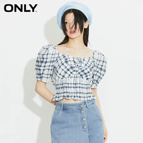 ONLY奥莱夏季短款百搭显瘦格纹系带抽褶雪纺衫女商品大图