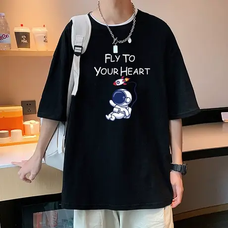 2023夏季新款港风短袖T恤男ins潮流太空人半袖宽松上衣服纯棉体恤商品大图