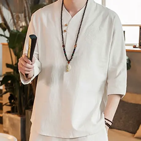 2024春夏男士短袖T恤复古麻料中袖衣服休闲中国风男装七分袖上衣图片