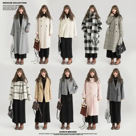 KEIKO【毛呢合集】双面羊绒呢子大衣女2024新款韩系格纹西装外套商品大图