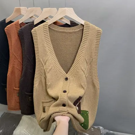 新款v领针织马甲女开衫外搭小背心叠穿贴布无袖毛衣坎肩马夹上衣商品大图