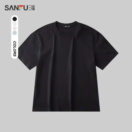 三福2024夏季男士简约净色纯棉短T恤 休闲圆领上衣男483435商品大图