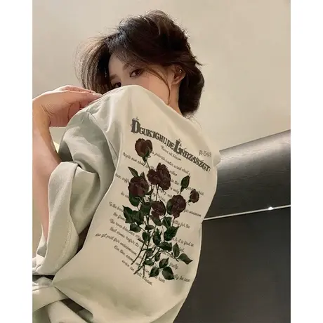 夏季短袖t恤女美式复古oversize纯棉正肩2023新款圆领宽松上衣潮商品大图