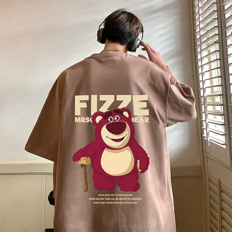 草莓小熊夏季短袖t恤男2024新款港风chic国潮纯棉宽松半袖ins体恤图片