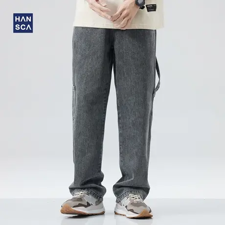 hansca牛仔裤男春季美式宽松直筒灰色潮流阔腿垂感拖地工装长裤子商品大图