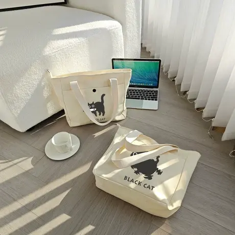 幻影迷幻黑猫叼鱼帆布包日系单肩手提袋购物包袋子托特包大手提包商品大图