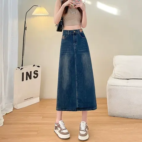 开叉牛仔半身裙女2024早春新款高腰显瘦a字美式复古中长包臀长裙图片