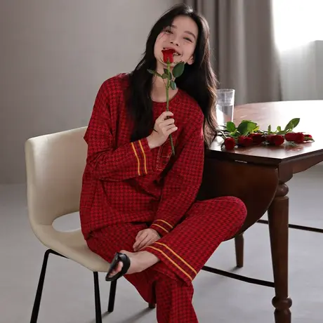 婷美纯棉秋冬季睡衣女新款千鸟格ins风套头外穿春秋款家居服套装商品大图