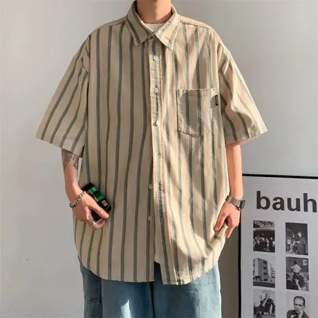 日系条纹短袖衬衫男夏季薄款透气宽松翻领上衣服潮流港风休闲衬衣商品大图