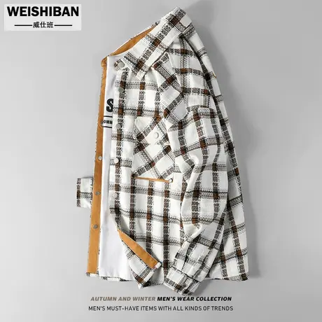 原创设计橘边撞色白色格纹长袖加厚衬衣男士宽松格子工装衬衫外套商品大图