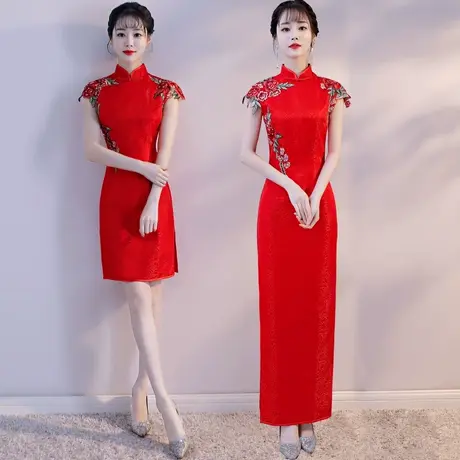 礼仪服装女迎宾旗袍红色长短新款修身新娘回门敬酒服演出走秀旗袍商品大图