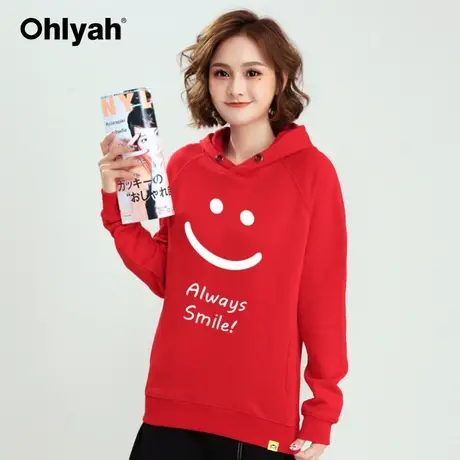 Ohlyah品牌红色卫衣女纯棉连帽衫外套笑脸印花新年装工作班服定制商品大图