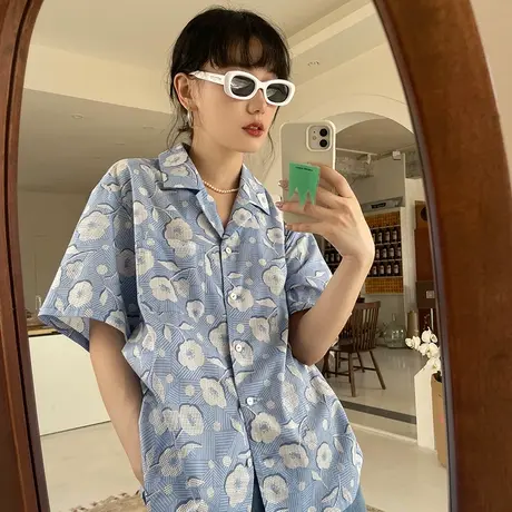 omont蛋挞家 短袖衬衫夏季女士复古夏盐宽松显瘦港风碎花衬衣上衣商品大图