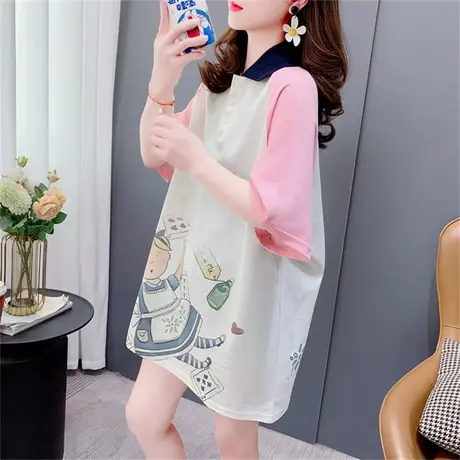 Polo领卡通短袖T恤女2023夏季新款宽松中长款洋气减龄显瘦上衣潮图片