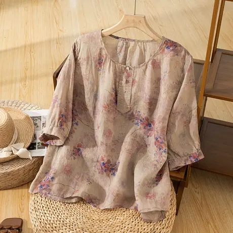 享永子七分袖苎麻上衣女夏印花文艺复古棉麻小衫宽松国风2023新款商品大图