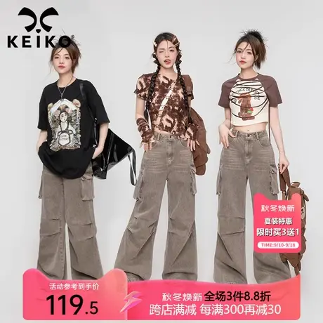 复古工装风多口袋牛仔裤女薄2023夏细腻棉布嘻哈宽松阔腿休闲裤子商品大图