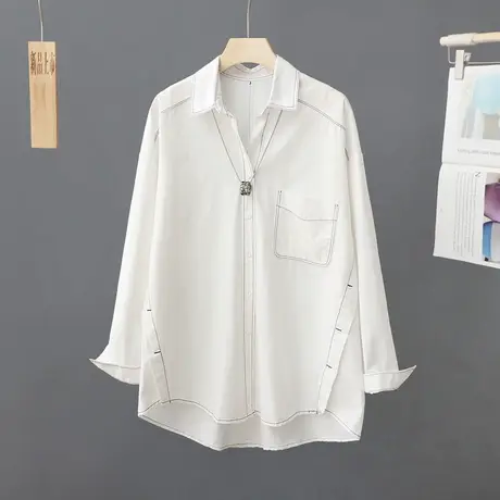 法式设计感休闲白色POLO领长袖衬衫女装春季小众内搭衬衣外穿上衣图片