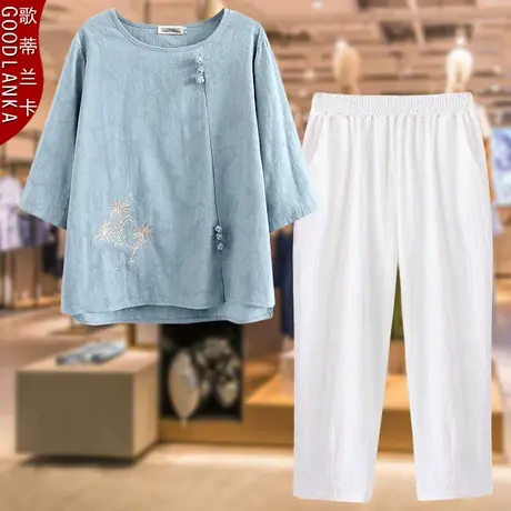 大码中年妈妈夏装短袖上衣两件套时尚刺绣盘扣妈妈装T恤休闲套装商品大图