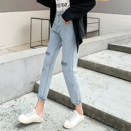 高腰破洞牛仔裤女夏季薄款百搭显瘦小个子修身小脚老爹直筒裤子潮图片