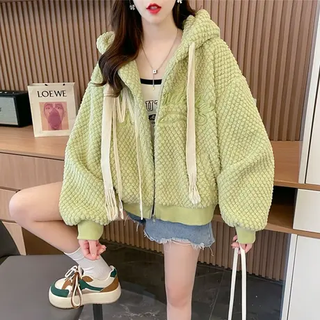 小个子羊羔毛外套女秋冬韩版宽松加绒加厚设计感小众刺绣百搭开衫商品大图