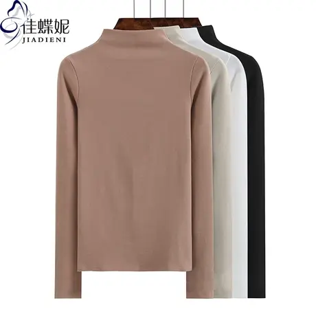秋冬新款韩版半高领纯棉修身显瘦纯色长袖体恤上衣内搭打底衫女装商品大图