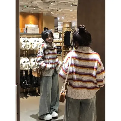 vintage彩虹条纹毛衣女春秋宽松慵懒风日系复古减龄拉链开衫外套图片