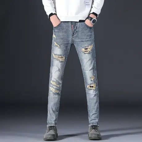 破洞修身小直筒弹力复古牛仔裤男长裤修身小直筒潮牌韩版青少年裤商品大图