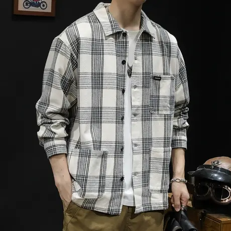 格子衬衫男秋季2023新款美式潮牌男士休闲多口袋工装外套衬衣春秋图片