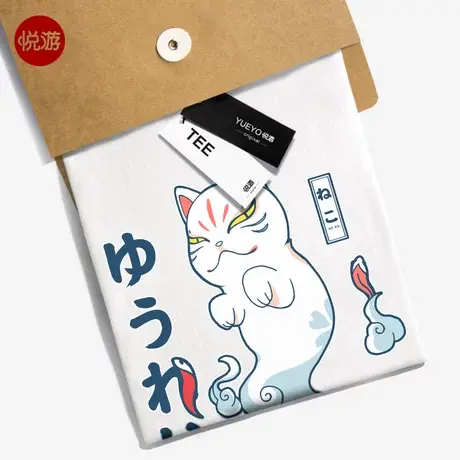 悦游 浮世绘T恤 日系猫咪图案面具短袖男 和风短信半袖文艺商品大图